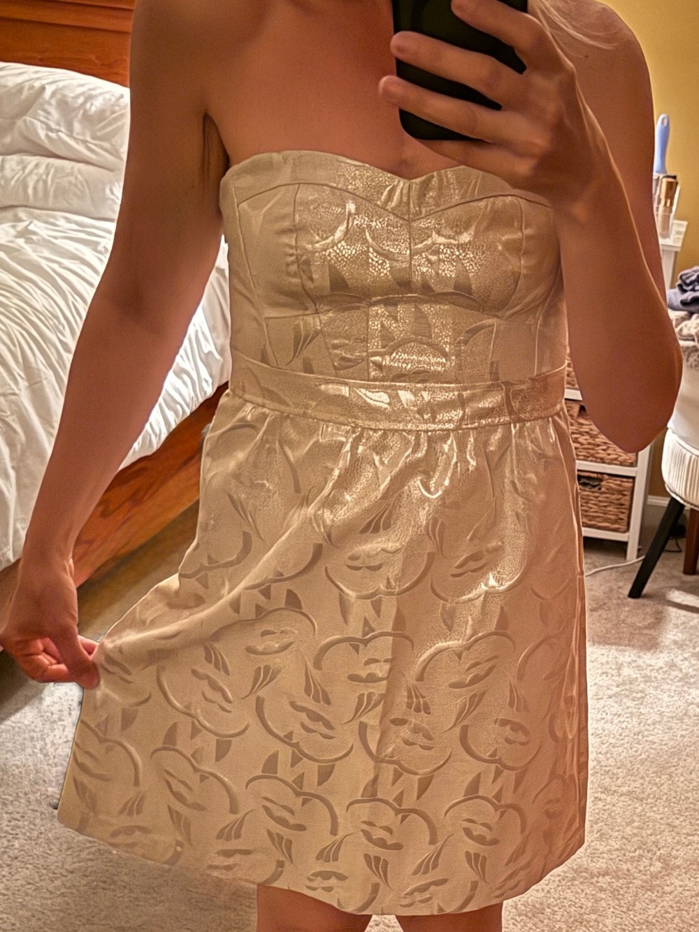 American Eagle Outfitters Strapless Jacquard Dress in Champagne Gold